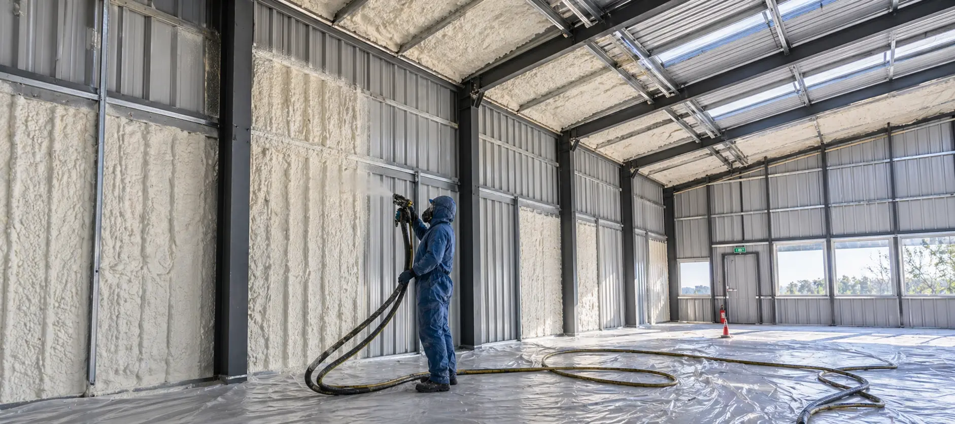 spray foam insulation installed inside commercial warehouse roof