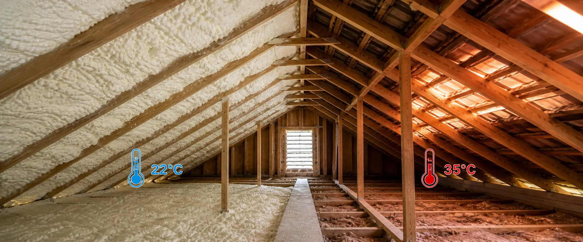 spray foam insulation sealing roof cavity to reduce energy loss
