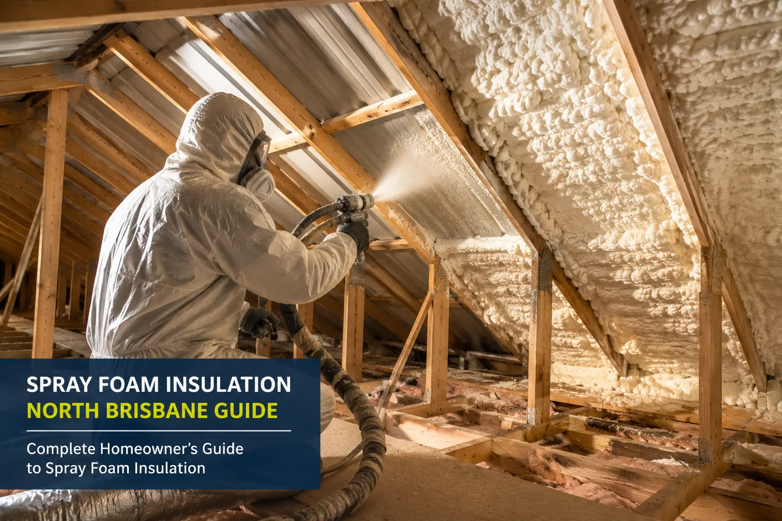 Spray foam installer applying insulation inside a North Brisbane roof cavity for spray foam insulation north brisbane guide
