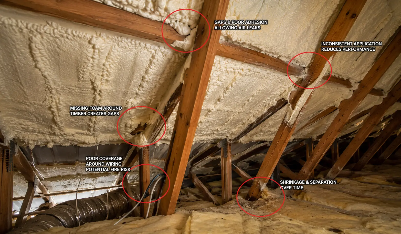 Brisbane roof cavity inspection showing spray foam insulation problems around timber, wiring, and roof surfaces